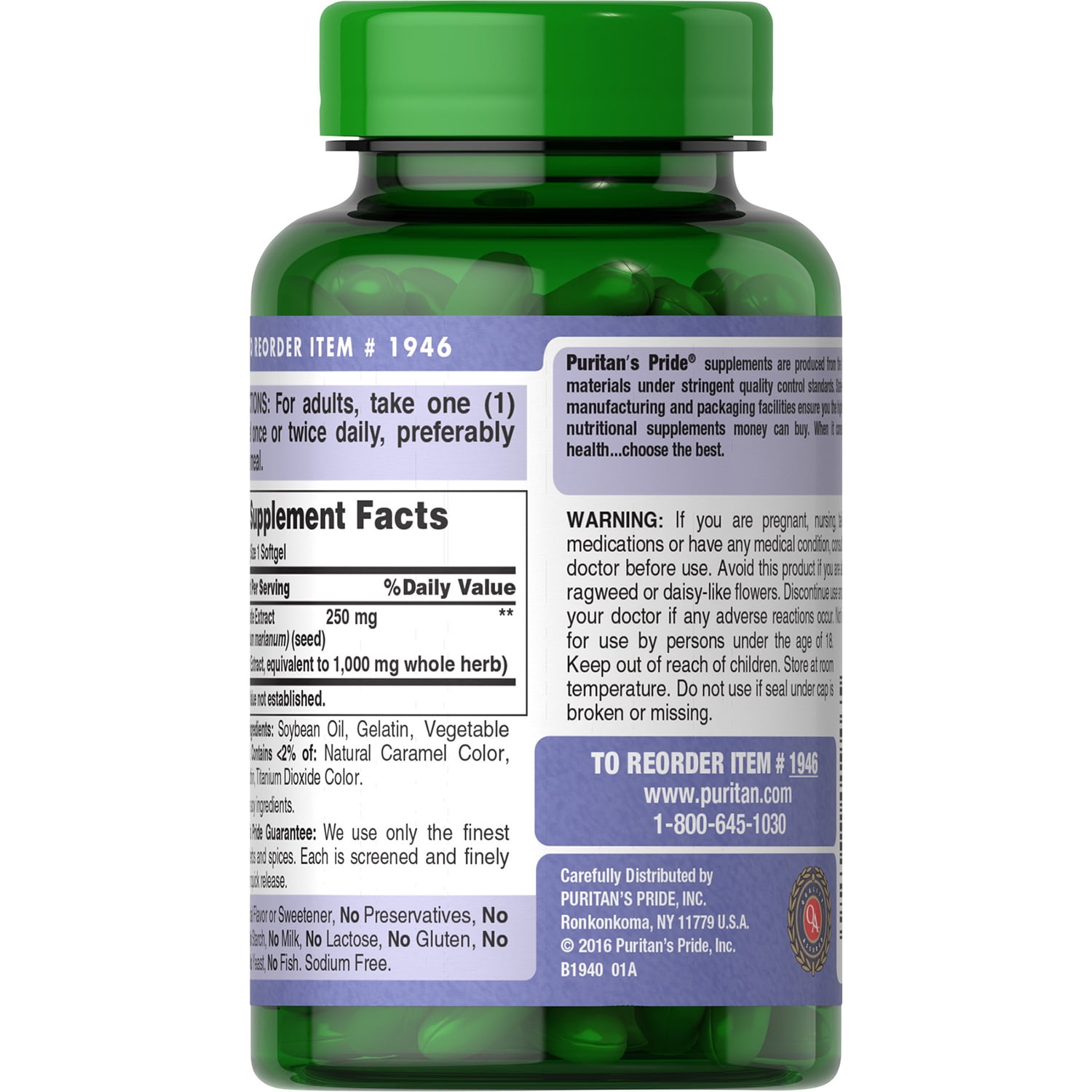 PURITAN'S PRIDE MILK THISTLE 4:1 EXTRACT 1000MG SOFTGELS 180CT