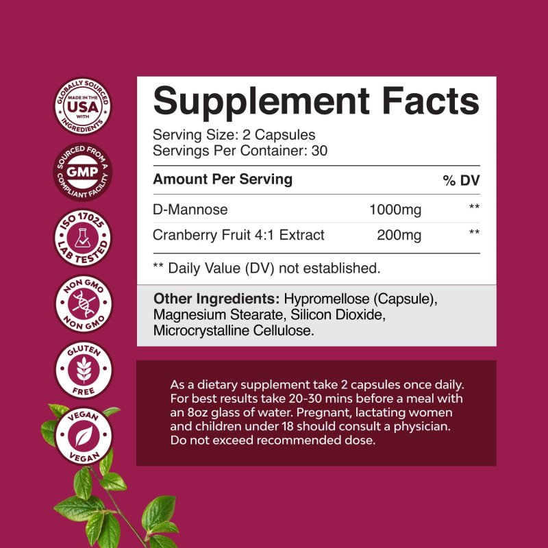 D-MANNOSE CRANBERRY EXTRACT CAPSULES 1000MG WITH HIBISCUS DANDELION KIDNEY CLEANSE URINARY TRACT HEALTH WOMEN - 1 MONTH