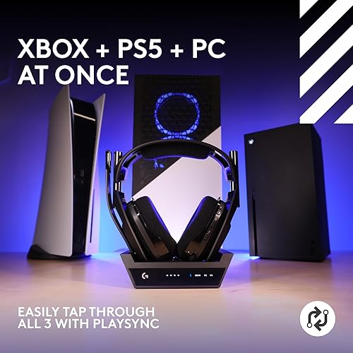 LOGITECH G ASTRO A50 X OMNI WIRELESS GAMING HEADSET BASE STATION PS5 XBOX PC PLAYSYNC VIDEO AUDIO SWITCHER HDMI 2.1 4K 120HZ VRR 24 BIT 48 KHZ 24HR BATTERY 2.4GHZ BT BLACK