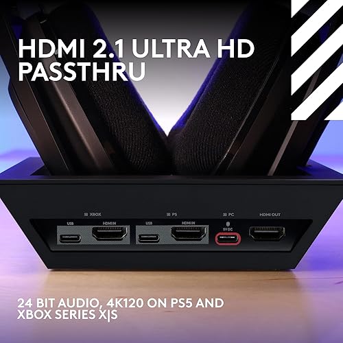 LOGITECH G ASTRO A50 X OMNI WIRELESS GAMING HEADSET BASE STATION PS5 XBOX PC PLAYSYNC VIDEO AUDIO SWITCHER HDMI 2.1 4K 120HZ VRR 24 BIT 48 KHZ 24HR BATTERY 2.4GHZ BT BLACK