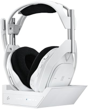 LOGITECH G ASTRO A50 X OMNI-PLATFORM WIRELESS GAMING HEADSET BASE STATION PS5 XBOX PC PLAYSYNC VIDEO AUDIO SWITCHER HDMI 2.1 4K 120HZ VRR 24 BIT 48 KHZ 24HR BATTERY 2.4GHZ BT WHITE