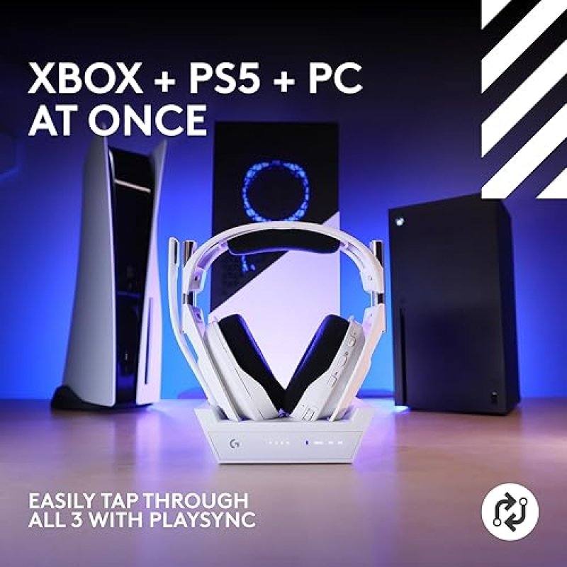LOGITECH G ASTRO A50 X OMNI-PLATFORM WIRELESS GAMING HEADSET BASE STATION PS5 XBOX PC PLAYSYNC VIDEO AUDIO SWITCHER HDMI 2.1 4K 120HZ VRR 24 BIT 48 KHZ 24HR BATTERY 2.4GHZ BT WHITE