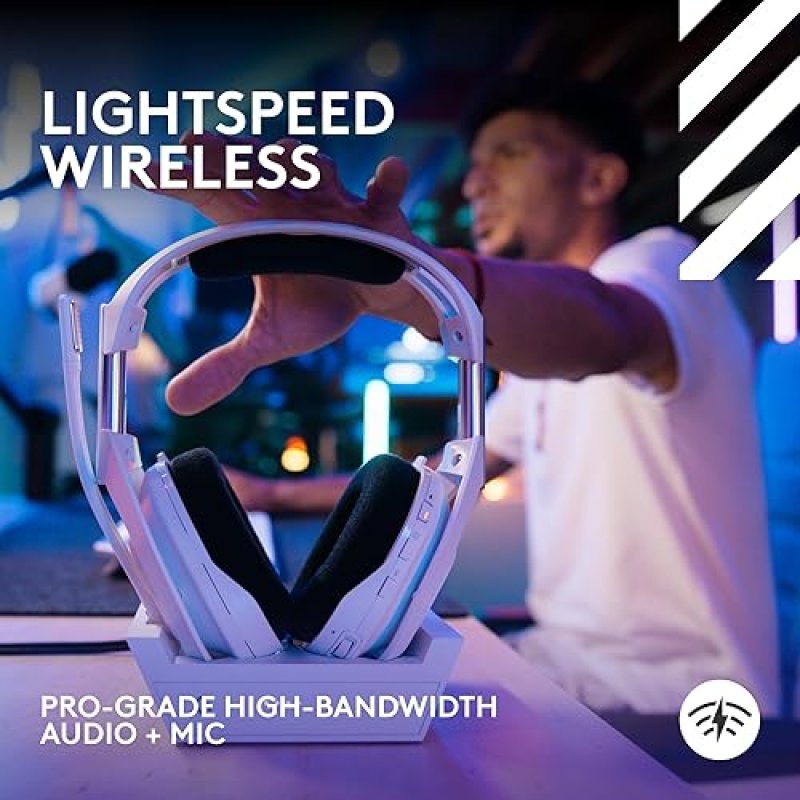 LOGITECH G ASTRO A50 X OMNI-PLATFORM WIRELESS GAMING HEADSET BASE STATION PS5 XBOX PC PLAYSYNC VIDEO AUDIO SWITCHER HDMI 2.1 4K 120HZ VRR 24 BIT 48 KHZ 24HR BATTERY 2.4GHZ BT WHITE