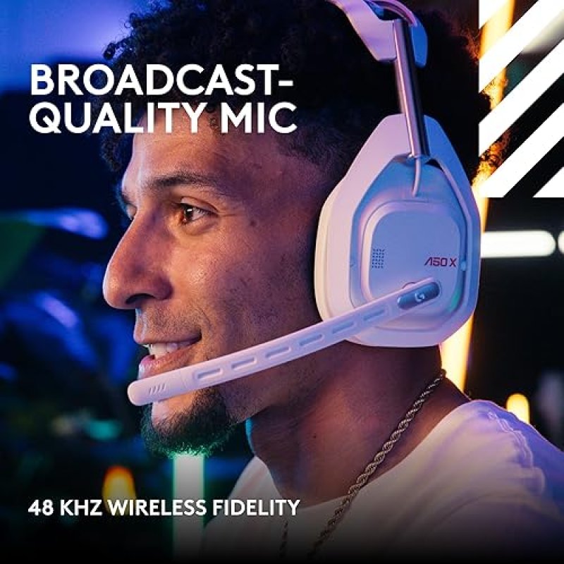 LOGITECH G ASTRO A50 X OMNI-PLATFORM WIRELESS GAMING HEADSET BASE STATION PS5 XBOX PC PLAYSYNC VIDEO AUDIO SWITCHER HDMI 2.1 4K 120HZ VRR 24 BIT 48 KHZ 24HR BATTERY 2.4GHZ BT WHITE
