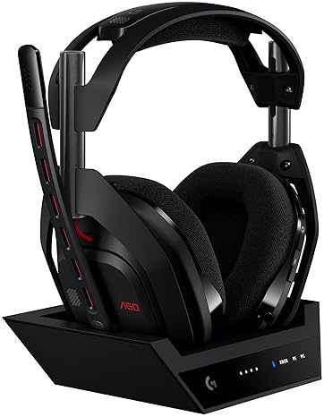 LOGITECH G ASTRO A50 WIRELESS GAMING HEADSET + BASE STATION FOR PS5 XBOX PC PLAYSYNC AUDIO SWITCHER 16 BIT/48KHZ CONSOLE 24 BIT/48 KHZ PC 24HR BATTERY 2.4GHZ BT BLACK