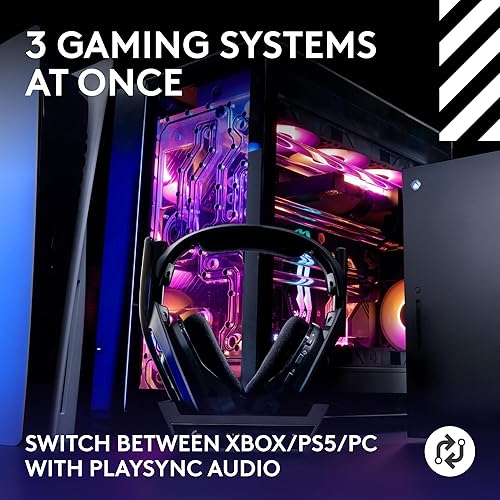 LOGITECH G ASTRO A50 WIRELESS GAMING HEADSET + BASE STATION FOR PS5 XBOX PC PLAYSYNC AUDIO SWITCHER 16 BIT/48KHZ CONSOLE 24 BIT/48 KHZ PC 24HR BATTERY 2.4GHZ BT BLACK