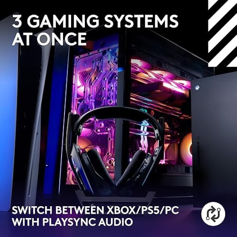 LOGITECH G ASTRO A50 WIRELESS GAMING HEADSET + BASE STATION FOR PS5 XBOX PC PLAYSYNC AUDIO SWITCHER 16 BIT/48KHZ CONSOLE 24 BIT/48 KHZ PC 24HR BATTERY 2.4GHZ BT BLACK