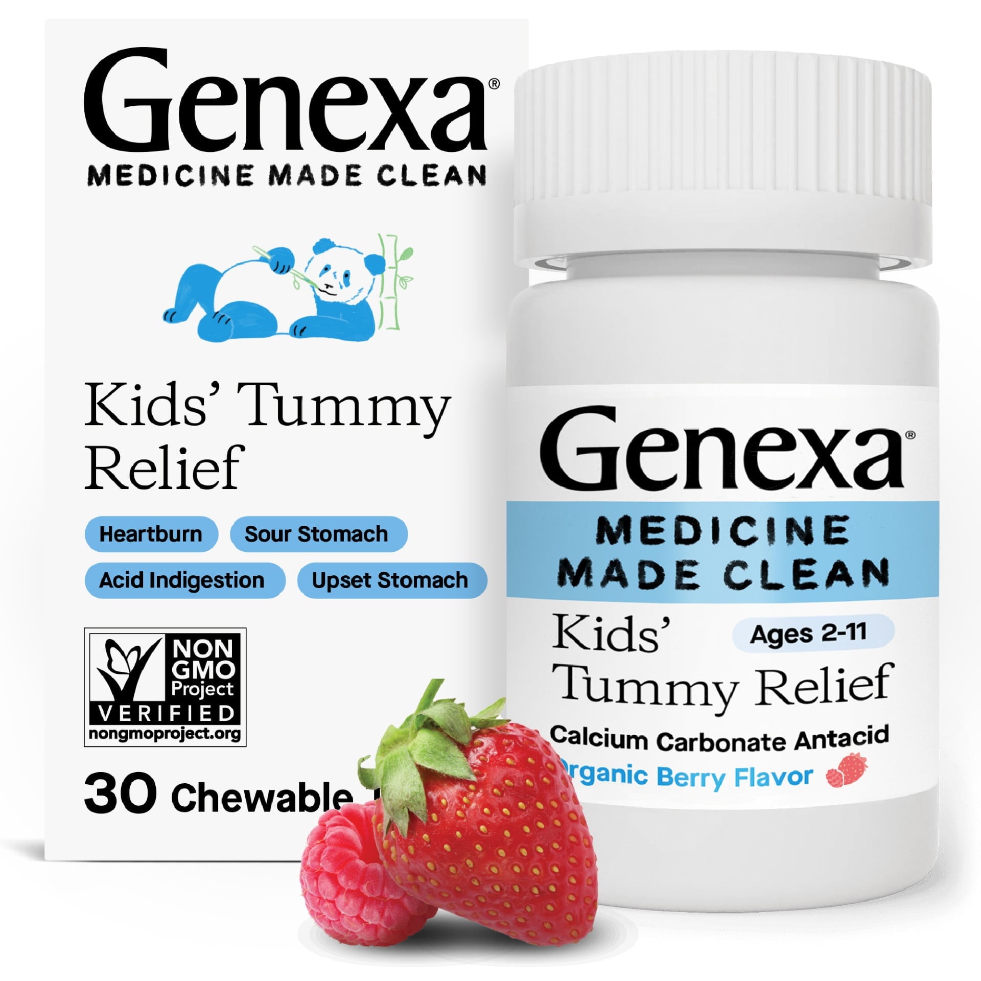GENEXA KIDS CLEAN TUMMY RELIEF ANTACID CHEWABLES DYE FREE ORGANIC BERRY FLAVOR 30 CT