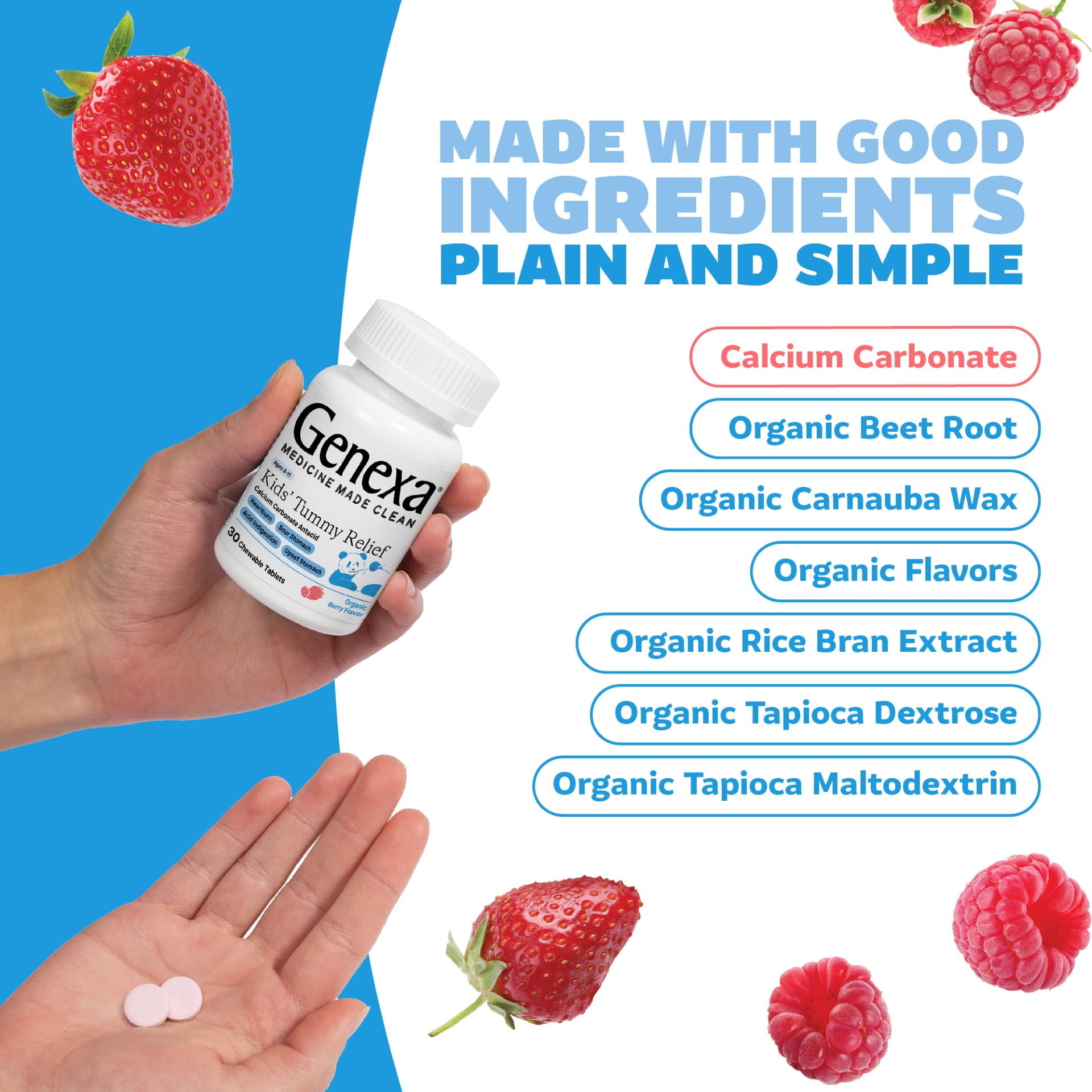 GENEXA KIDS CLEAN TUMMY RELIEF ANTACID CHEWABLES DYE FREE ORGANIC BERRY FLAVOR 30 CT