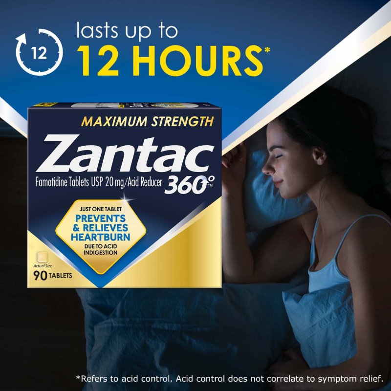 ZANTAC 360 MAX STRENGTH FAMOTIDINE ANTACID TABLETS HEARTBURN ACID REDUCER 20 MG 90 COUNT
