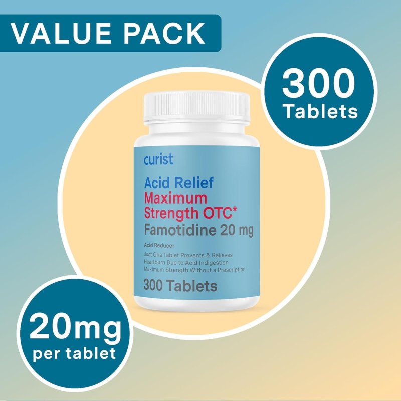 CURIST FAMOTIDINE 20MG 300 COUNT ACID REFLUX TABLETS MAXIMUM STRENGTH HEARTBURN RELIEF PILLS