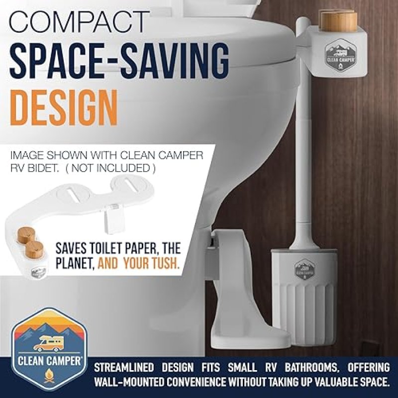 CLEAN CAMPER RV TOILET BRUSH WALL MOUNTED SILICONE DUAL-SIDED HEAD QUICK DRYING HOLDER COMPACT DURABLE STRONG ADHESIVE MOUNT