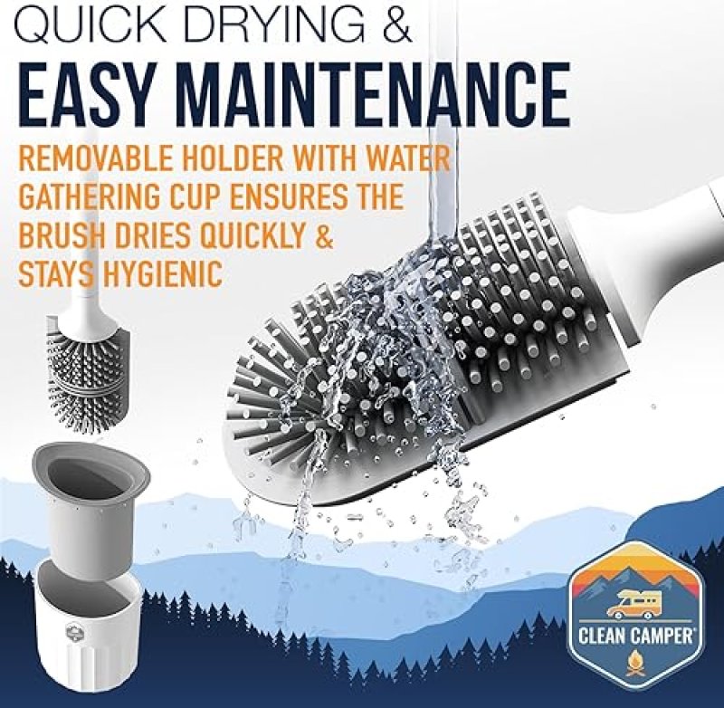 CLEAN CAMPER RV TOILET BRUSH WALL MOUNTED SILICONE DUAL-SIDED HEAD QUICK DRYING HOLDER COMPACT DURABLE STRONG ADHESIVE MOUNT