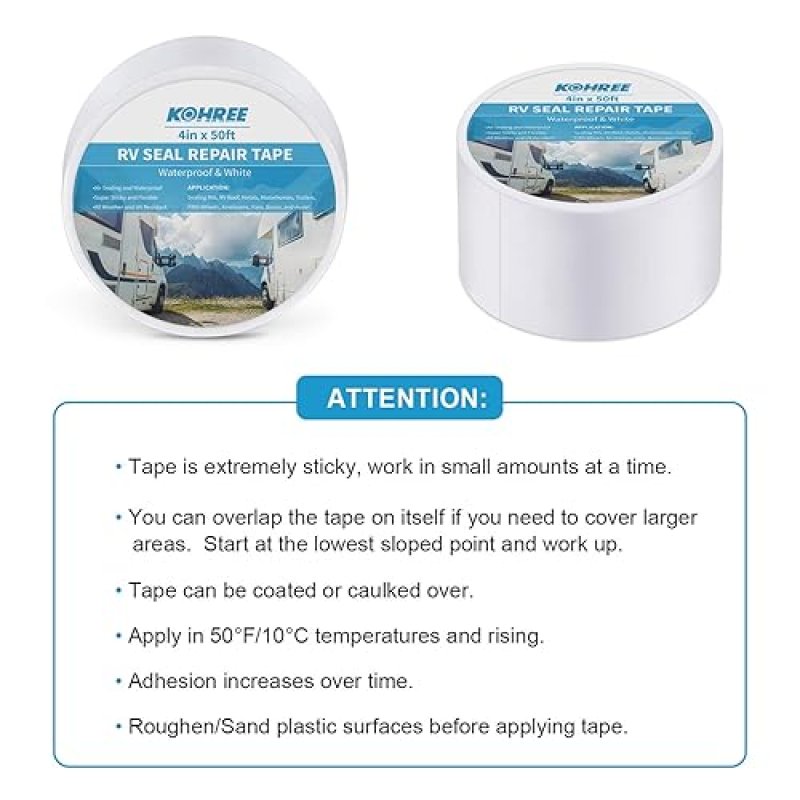 KOHREE RV SEALANT TAPE 4 INCH X 50 FOOT WHITE WATERPROOF UV WEATHERPROOF ROOFING TAPE FOR RV REPAIR WINDOW BOAT TRUCK CAMPER ROOF LEAKS
