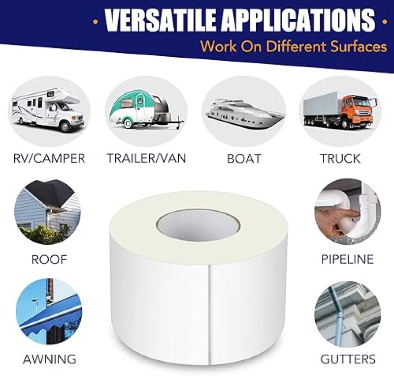 RV ROOF TAPE 4 INCH X 50 FEET UV WATERPROOF WHITE SEAL TAPE FOR RV REPAIR WINDOW BOAT SEALING TRUCK TRAILER ROOF SEALANT STOP CAMPER ROOF LEAKS