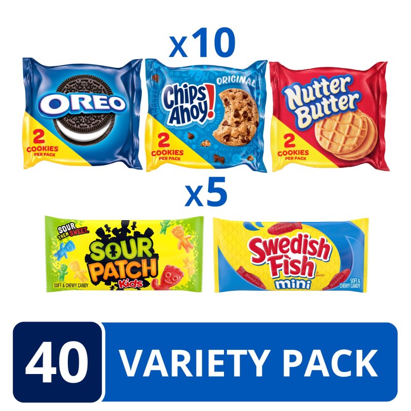 OREO ASSORTED PACK OF OREO, CHIPS AHOY! NUT BUTTER, SOUR PATCH KIDS, AND SWEDISH FISH SNACKS, 40 PACKS