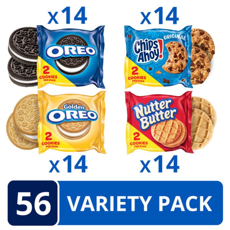 OREO ASSORTED COOKIE SNACK PACKS: OREO ORIGINAL, OREO GOLDEN, CHIPS AHOY! & BUTTER PECAN COOKIES, 56-COUNT