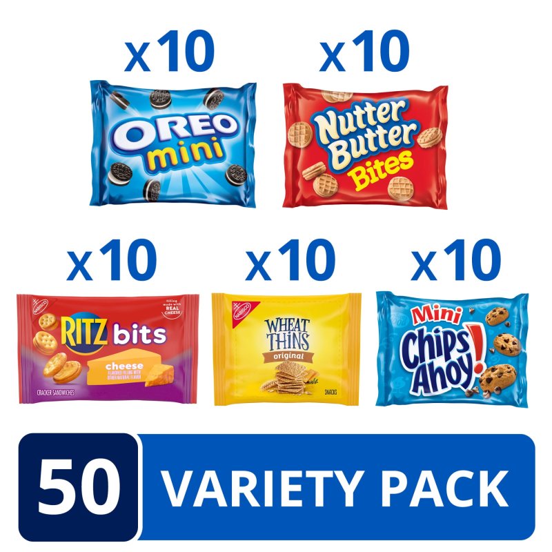 OREO ASSORTED COOKIE & CRACKER VARIETY PACK WITH OREO, CHIPS AHOY!, NUTTER BUTTER, RITZ & WHEAT THINS, 50 SNACK PACKS