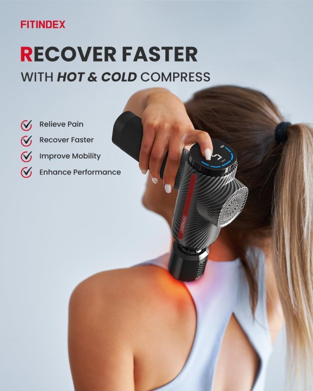 FITINDEX HEAT & COLD MASSAGE GUN - DEEP TISSUE BACK MASSAGER FOR MUSCLE PAIN RELIEF, LED DISPLAY