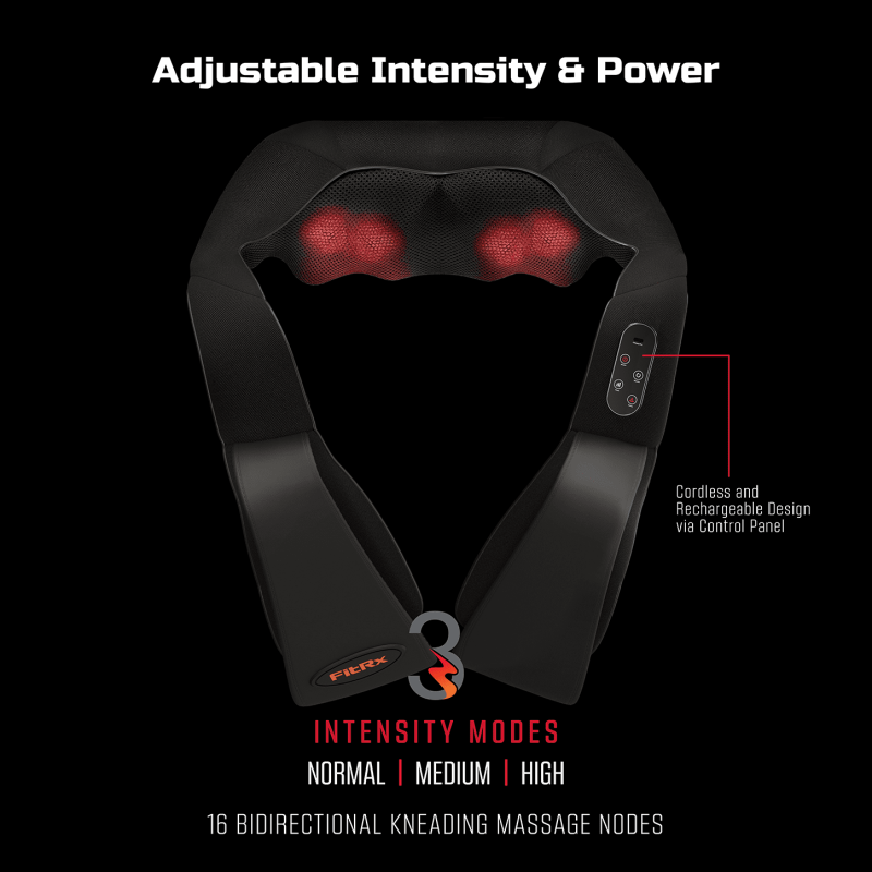 FITRX WIRELESS SHIATSU MASSAGER FOR SHOULDERS, BACK & NECK WITH HEAT, USB RECHARGEABLE, BLACK