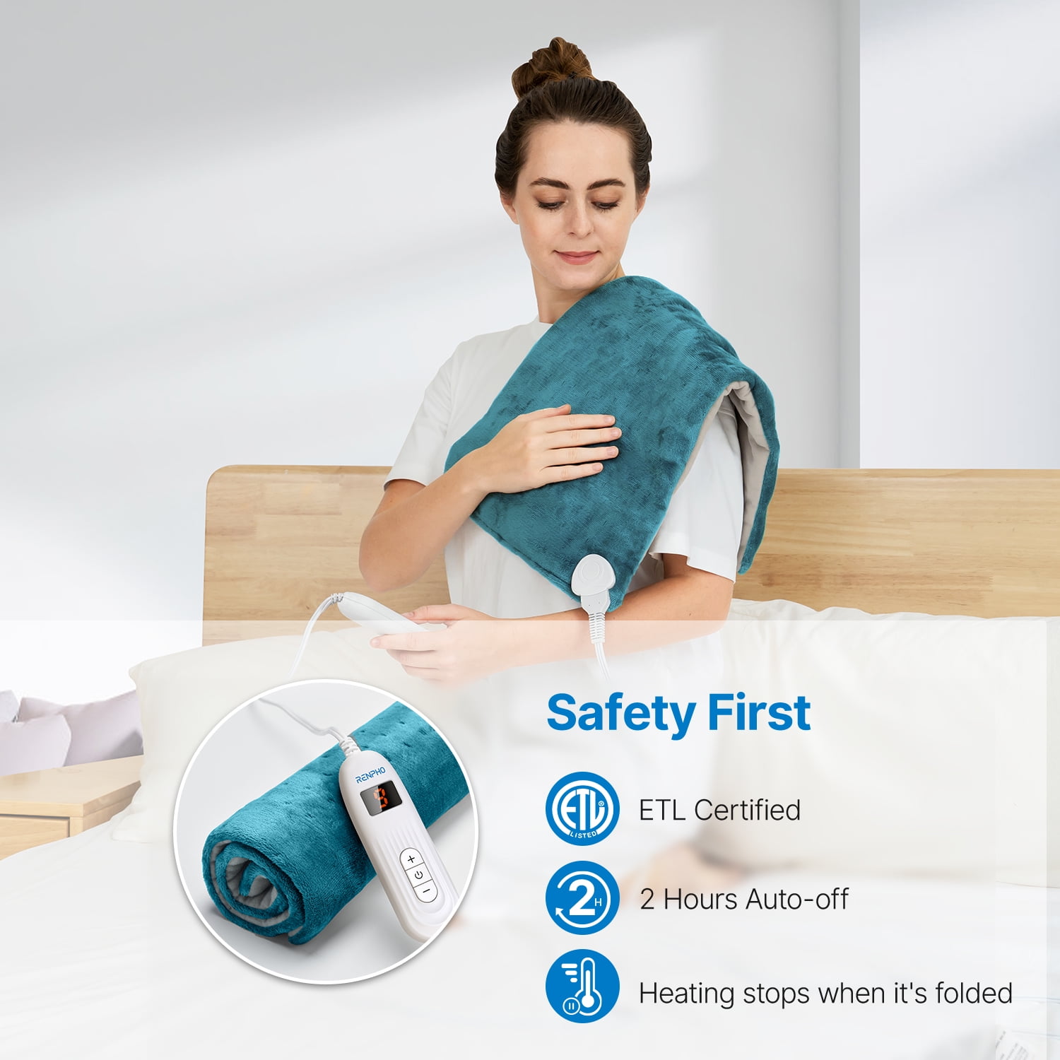 RENPHO HEATING PAD WITH 10 HEAT SETTINGS, AUTO SHUT-OFF, FSA HSA ELIGIBLE - 12"X24" BLUE