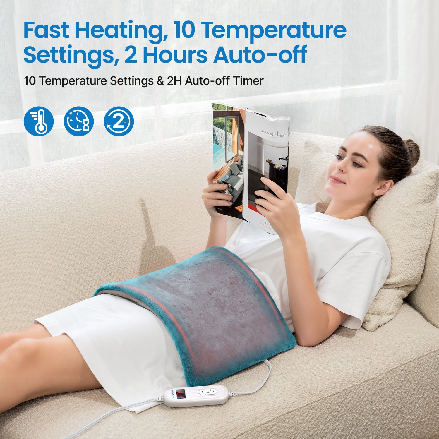 RENPHO HEATING PAD WITH 10 HEAT SETTINGS, AUTO SHUT-OFF, FSA HSA ELIGIBLE - 12"X24" BLUE