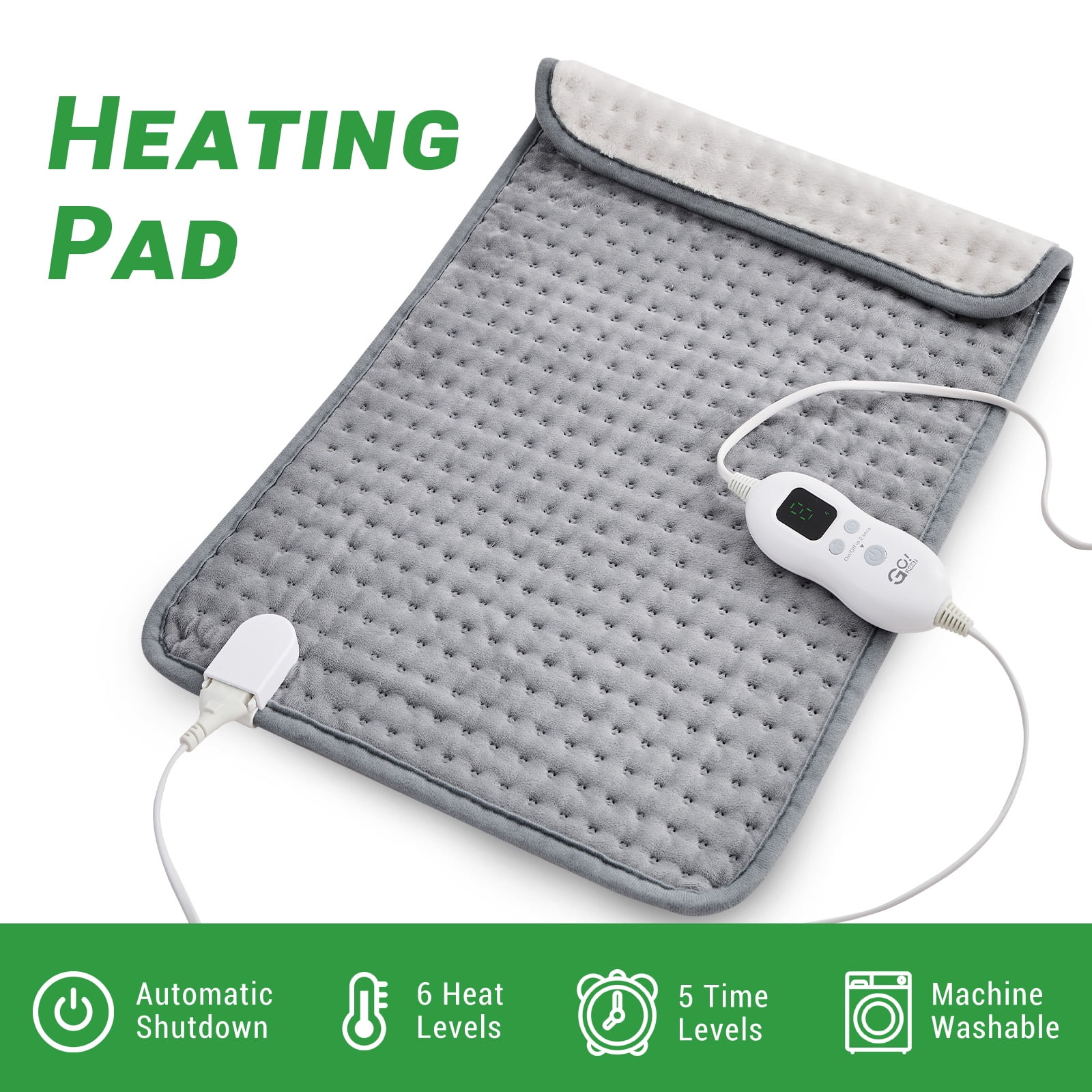 GOGREEN ELECTRIC HEATING PAD FOR FULL BODY RELIEF, GRAY, XL 16''×24