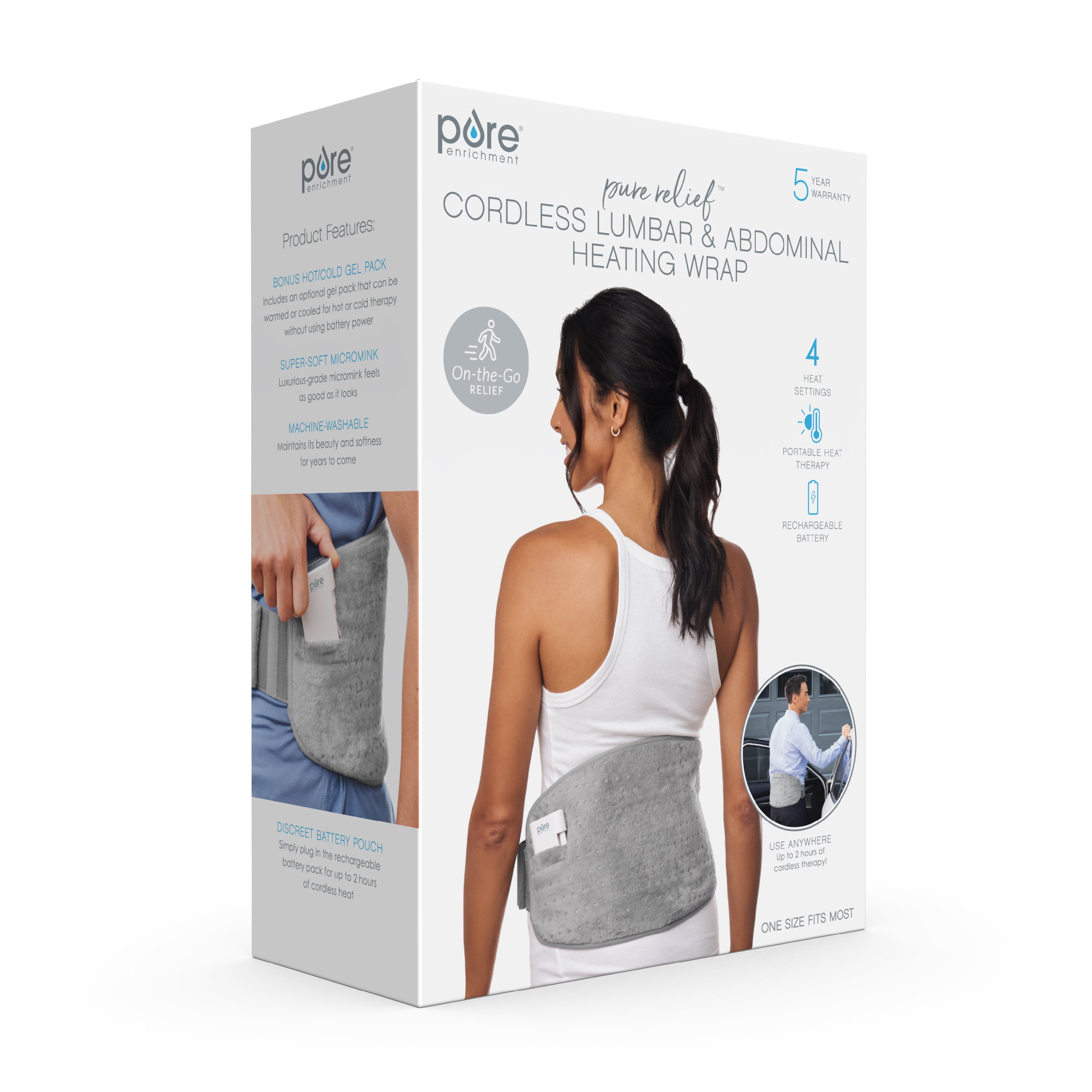CORDLESS LUMBAR & ABDOMINAL HEATING WRAP - 4 HEAT SETTINGS, PORTABLE USE, GEL PACK, MICROMINK, UNIVERSAL FIT