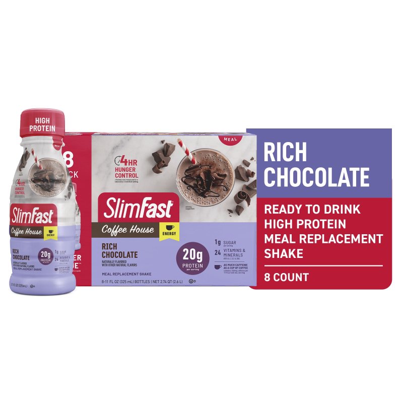 SLIMFAST HIGH PROTEIN SHAKE, RICH CHOCOLATE, 11 FL OZ BOTTLE, 8 PACK - ENERGY BOOST