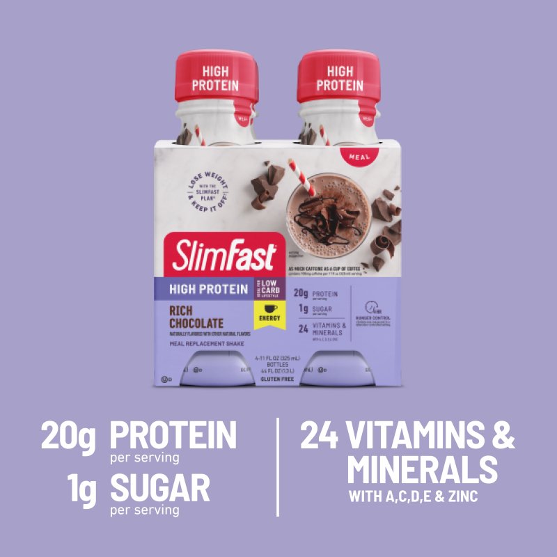 SLIMFAST HIGH PROTEIN SHAKE, RICH CHOCOLATE, 11 FL OZ BOTTLE, 8 PACK - ENERGY BOOST