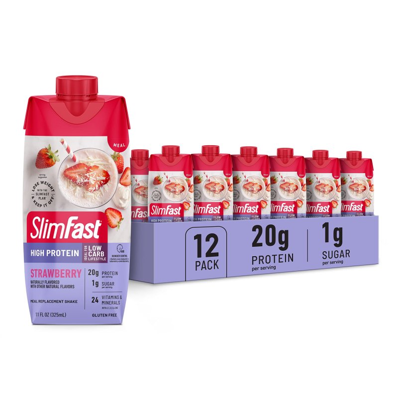 STRAWBERRY PROTEIN SHAKE, 20G PROTEIN, MEAL REPLACEMENT DRINK, HIGH PROTEIN LOW CARB & SUGAR, 24 VITAMINS & MINERALS, 12 PACK