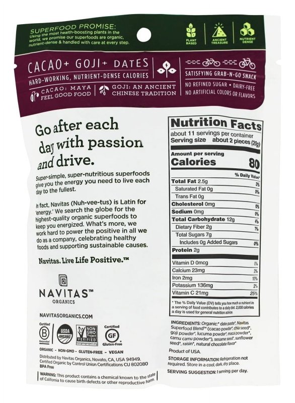 NAVITAS NATURALS POWER CACAO GOJI SNACKS, 8 OZ