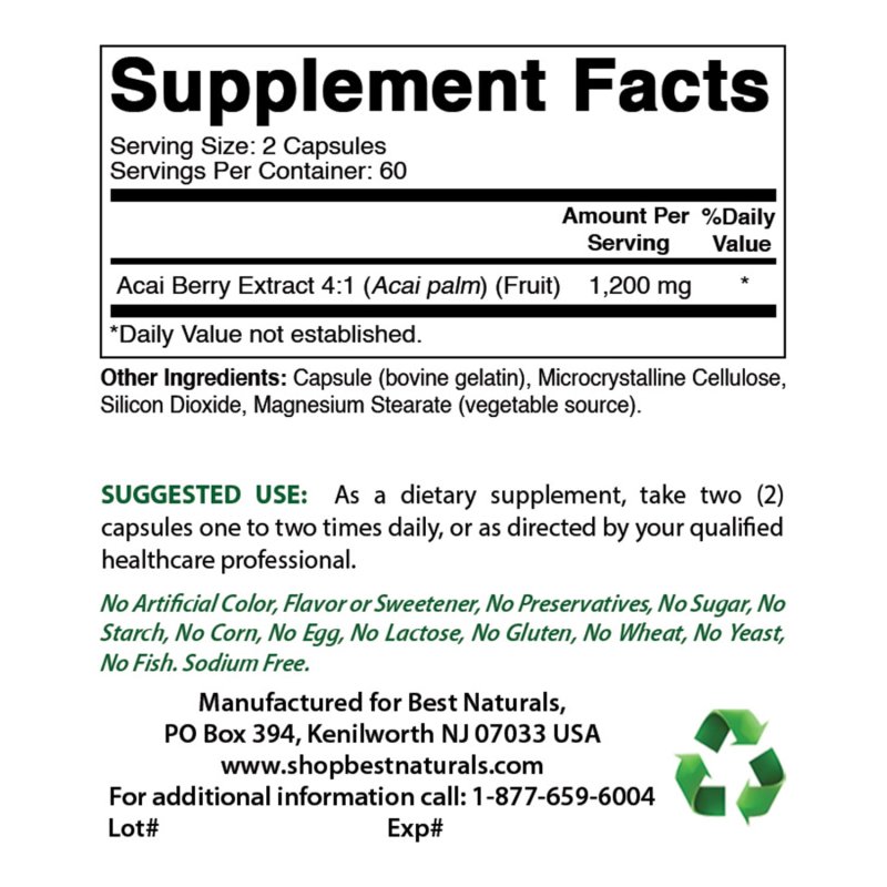 BEST NATURALS PREMIUM ACAI BERRY CAPSULES 600MG - 120 COUNT