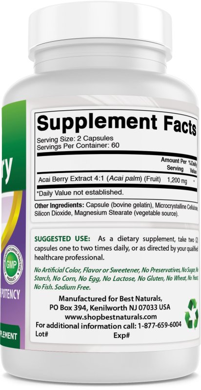 BEST NATURALS PREMIUM ACAI BERRY CAPSULES 600MG - 120 COUNT
