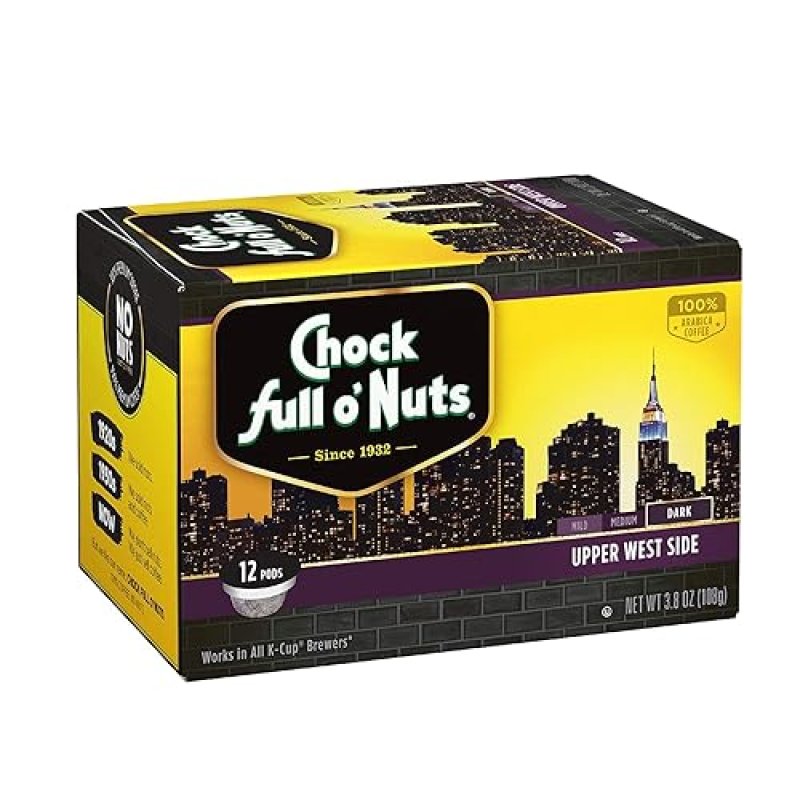 CHOCK FULL O'NUTS UPPER WEST SIDE DARK ROAST ARABICA COFFEE PODS - ECO-FRIENDLY KEURIG COMPATIBLE - 12 COUNT
