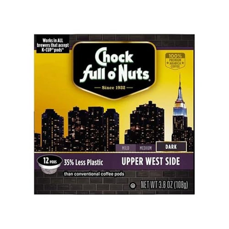 CHOCK FULL O'NUTS UPPER WEST SIDE DARK ROAST ARABICA COFFEE PODS - ECO-FRIENDLY KEURIG COMPATIBLE - 12 COUNT