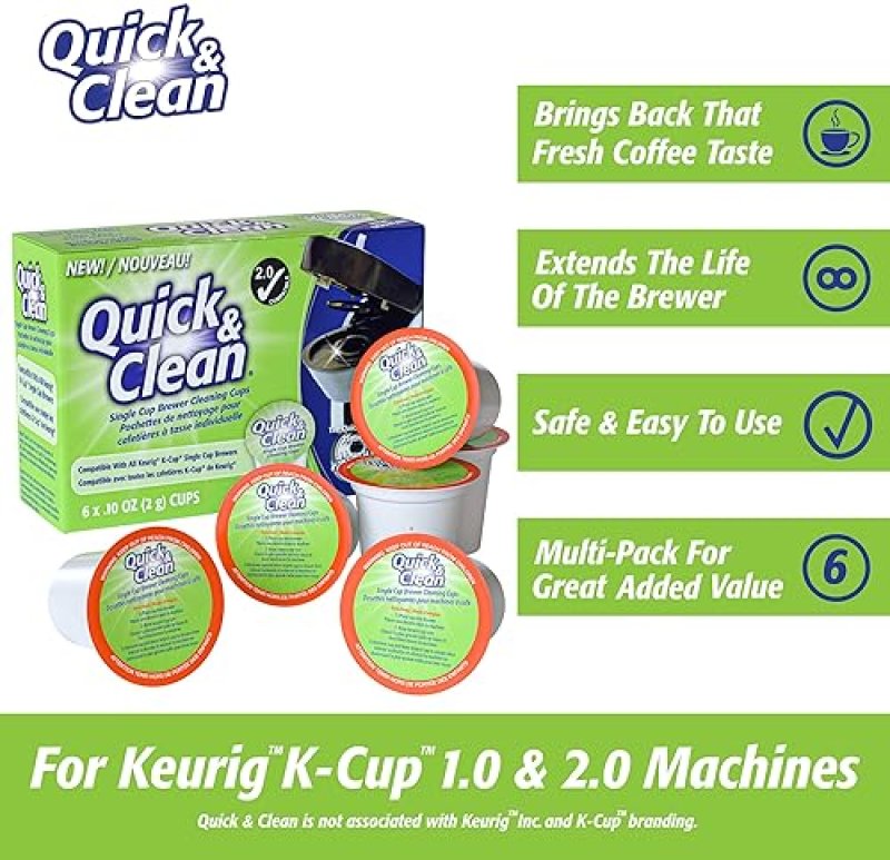QUICK&CLEAN BEVERAGES KEURIG CLEANING PODS [6-PACK] - K CUP CLEANER FOR KEURIG 2.0 - REMOVES STAINS, NON-TOXIC, ECO-FRIENDLY