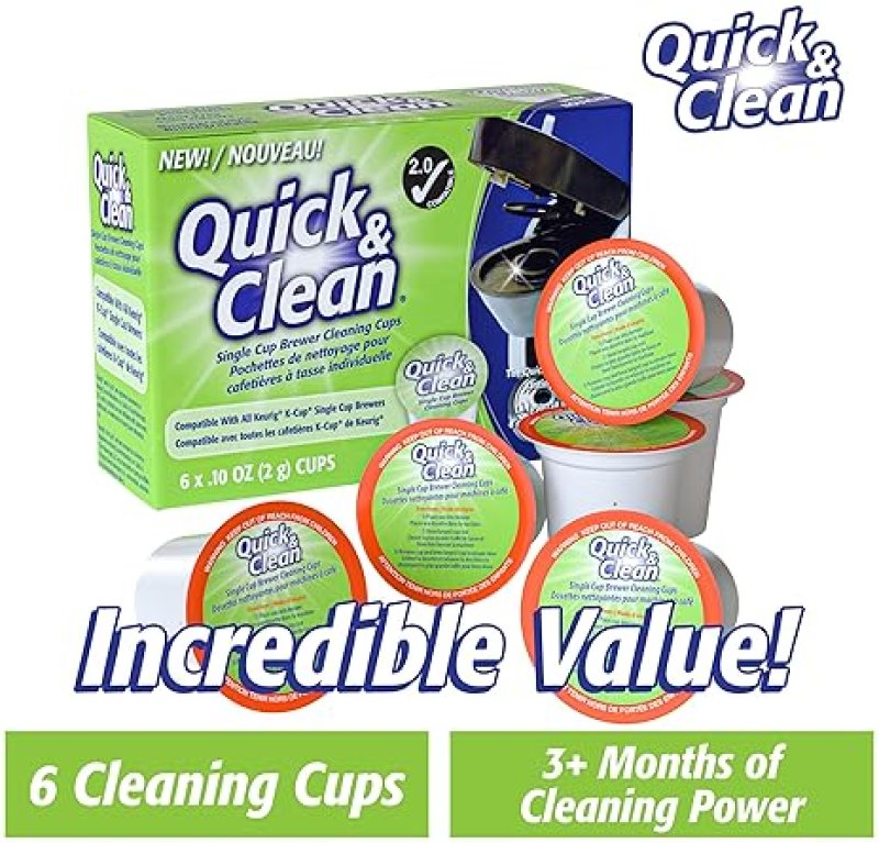 QUICK&CLEAN BEVERAGES KEURIG CLEANING PODS [6-PACK] - K CUP CLEANER FOR KEURIG 2.0 - REMOVES STAINS, NON-TOXIC, ECO-FRIENDLY