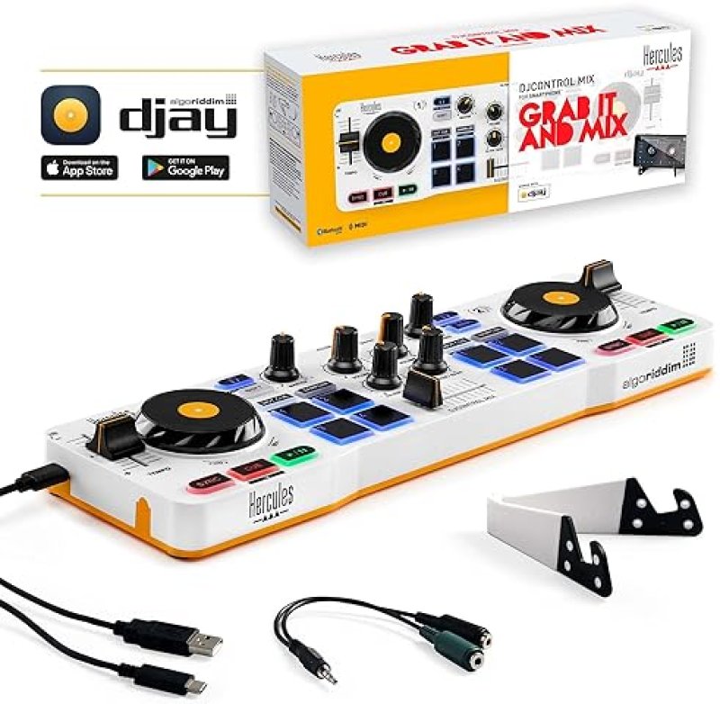 HERCULES DJCONTROL MIX WIRELESS DJ CONTROLLER FOR SMARTPHONES - DJAY APP - 2 DECKS, WHITE