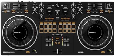 PIONEER DDJ-REV1 2-CHANNEL DJ CONTROLLER BUNDLE WITH SERATO DJ LITE, CASE, STAND, CLOTH - BLACK