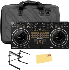 PIONEER DDJ-REV1 2-CHANNEL DJ CONTROLLER BUNDLE WITH SERATO DJ LITE, CASE, STAND, CLOTH - BLACK