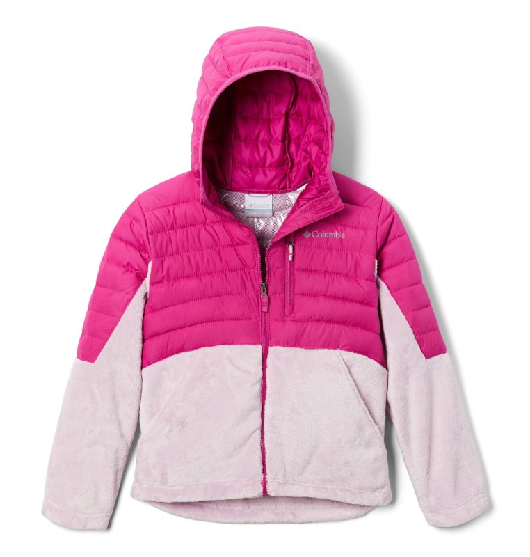 COLUMBIA GIRLS POWDER LITE HOODED JACKET, WILD FUCHSIA/AURA, SIZE M