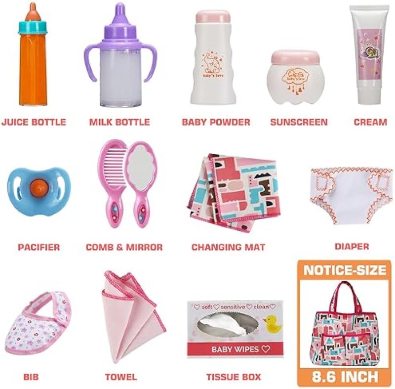 BABY DOLL ACCESSORIES SET WITH DIAPER BAG, MAGIC BOTTLE, CHANGING MAT - PRETEND PLAY GIFT FOR GIRLS