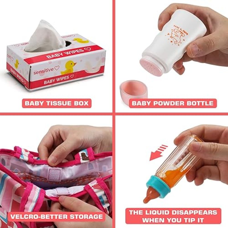 BABY DOLL ACCESSORIES SET WITH DIAPER BAG, MAGIC BOTTLE, CHANGING MAT - PRETEND PLAY GIFT FOR GIRLS