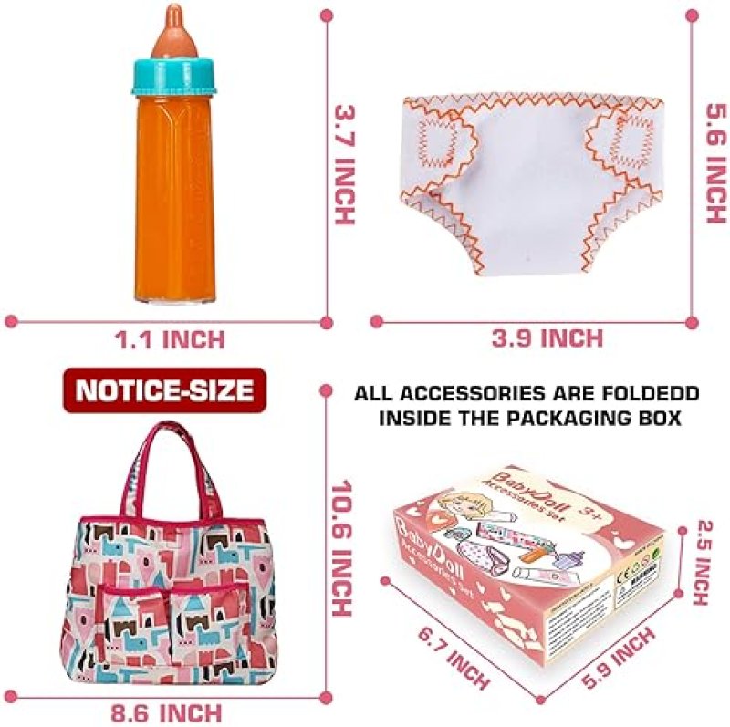 BABY DOLL ACCESSORIES SET WITH DIAPER BAG, MAGIC BOTTLE, CHANGING MAT - PRETEND PLAY GIFT FOR GIRLS