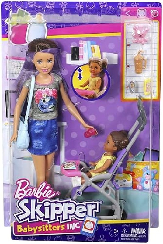 BARBIE SKIPPER BABYSITTERS INC 2 DOLLS & ACCESSORIES SET WITH BRUNETTE SKIPPER DOLL & STROLLER
