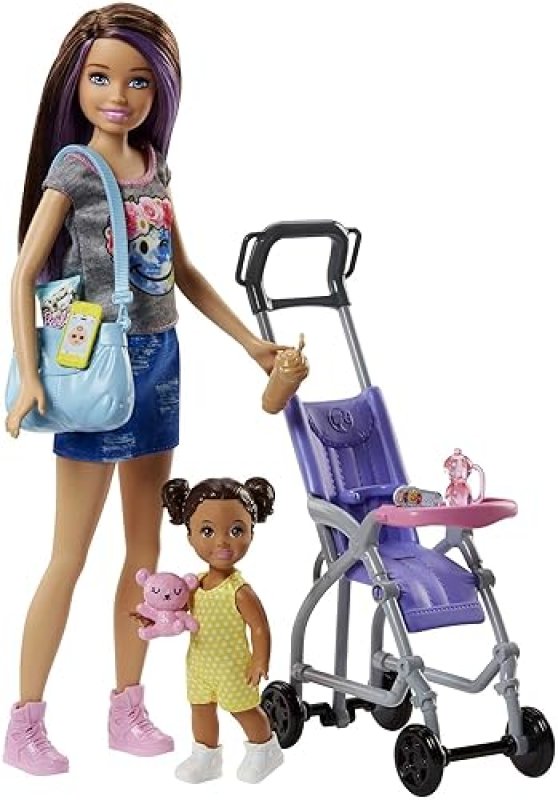 BARBIE SKIPPER BABYSITTERS INC 2 DOLLS SET WITH BRUNETTE SKIPPER, SMALL DOLL & STROLLER