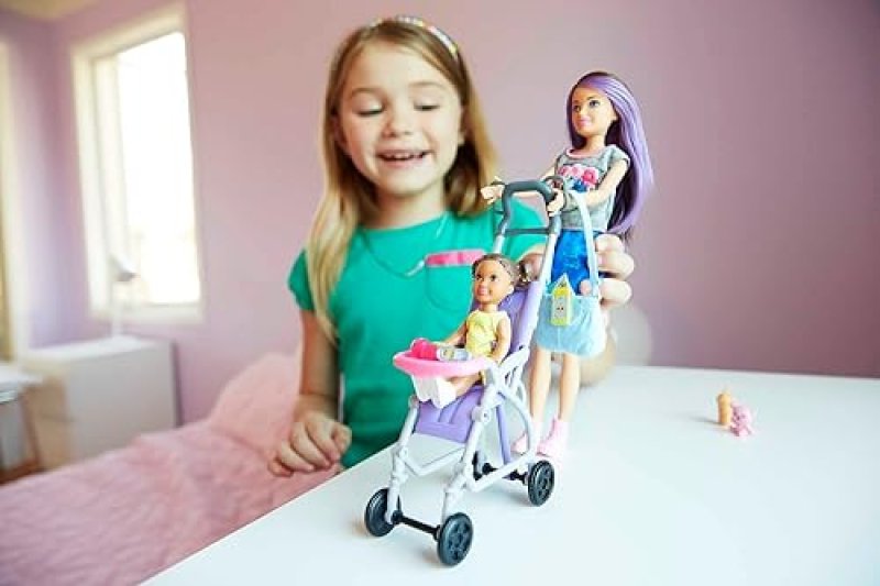 BARBIE SKIPPER BABYSITTERS INC 2 DOLLS SET WITH BRUNETTE SKIPPER, SMALL DOLL & STROLLER