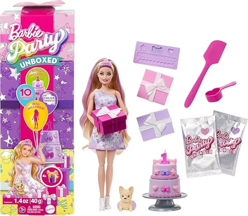 BARBIE PARTY UNBOXED DOLL & ACCESSORIES: PET BIRTHDAY SERIES BIRTHDAY BOWS SET WITH 10 SURPRISES
