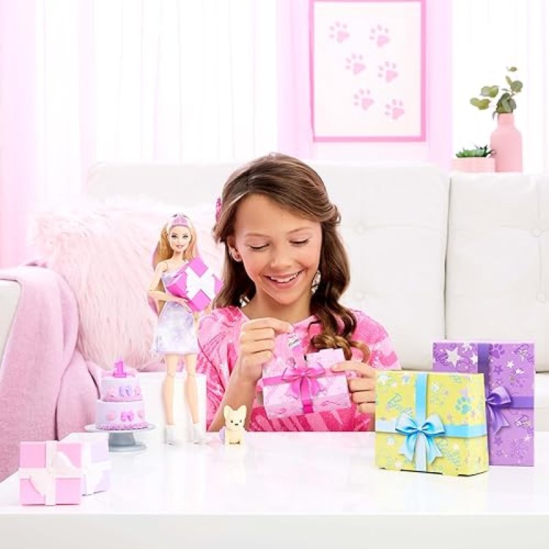 BARBIE PARTY UNBOXED DOLL & ACCESSORIES: PET BIRTHDAY SERIES BIRTHDAY BOWS SET WITH 10 SURPRISES